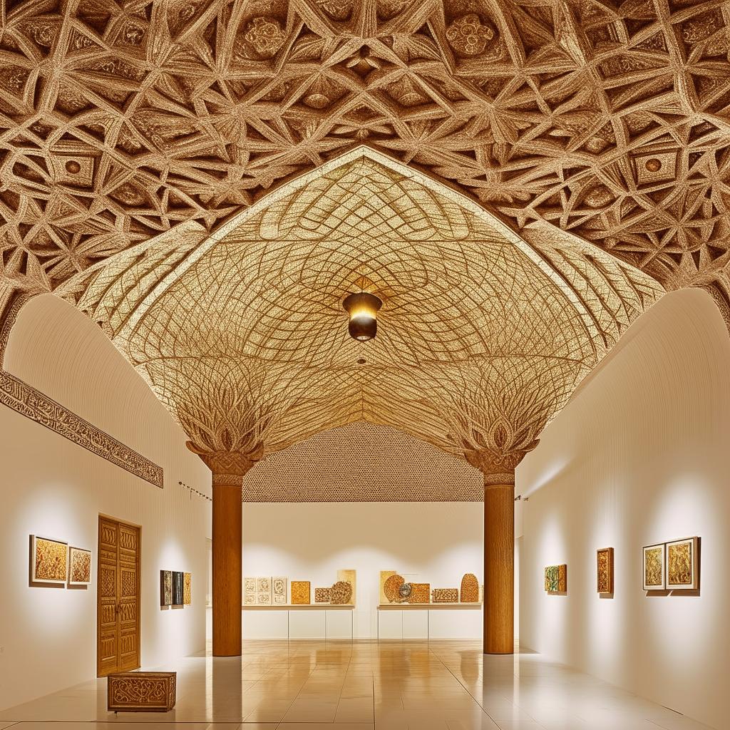 Exhibition area in an art museum, adorned with high-quality display objects and artifacts. The space features a breathtaking Khatamband-style ceiling design, adding a unique cultural touch.