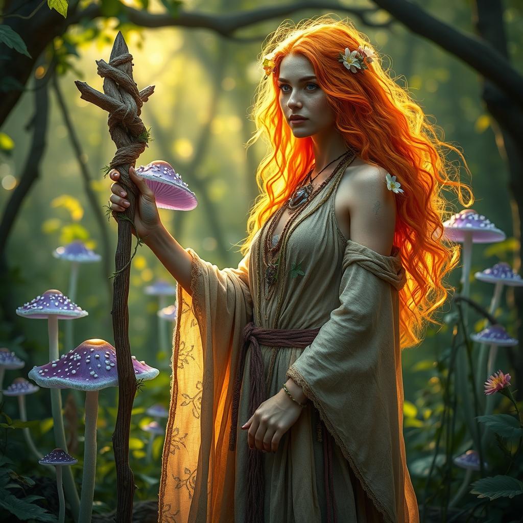 A mystical druid woman with vibrant orange hair, adorned in flowing natural fabrics, stands amidst a lush forest setting