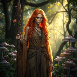 A mystical druid woman with vibrant orange hair, adorned in flowing natural fabrics, stands amidst a lush forest setting