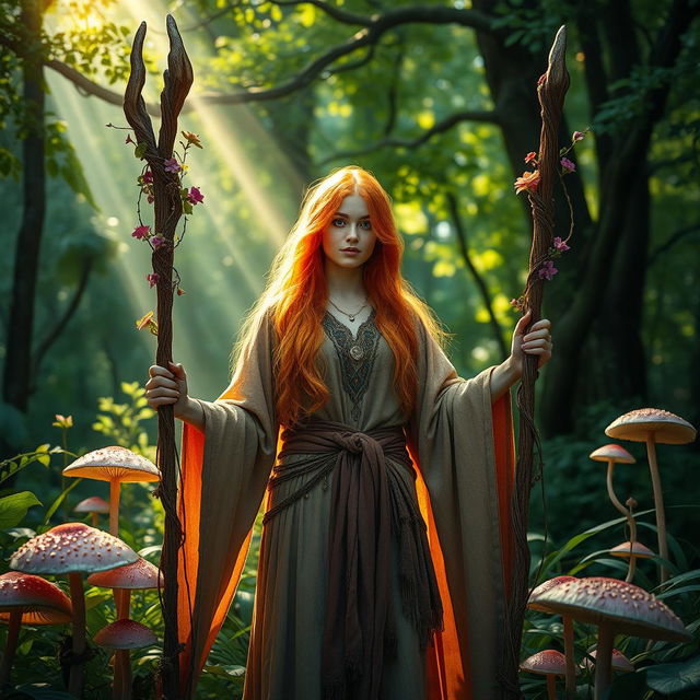 A mystical druid woman with vibrant orange hair, adorned in flowing natural fabrics, stands amidst a lush forest setting