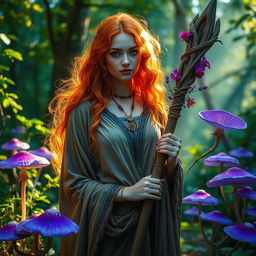 A mystical druid woman with vibrant orange hair, adorned in flowing natural fabrics, stands amidst a lush forest setting