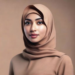 A hyper-realistic, high-definition photograph of a hijab-wearing woman in Indonesia, dressed in a light brown uniform