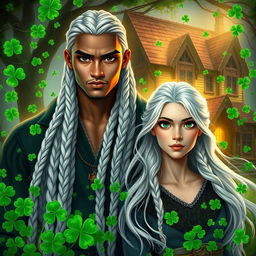 A tall, powerful young man, exceptionally handsome, with striking black narrow eyes and long white hair styled in intricate braids