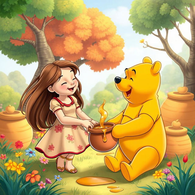 A whimsical and colorful scene featuring Winnie the Pooh joyfully interacting with a young woman named Denise