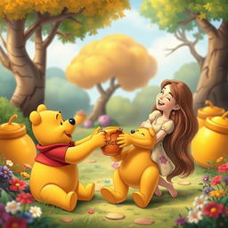 A whimsical and colorful scene featuring Winnie the Pooh joyfully interacting with a young woman named Denise