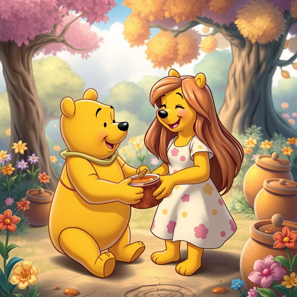 A whimsical and colorful scene featuring Winnie the Pooh joyfully interacting with a young woman named Denise