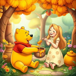 A whimsical and colorful scene featuring Winnie the Pooh joyfully interacting with a young woman named Denise