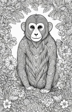 A high-resolution, intricate coloring page featuring a playful monkey in the style of Johanna Basford