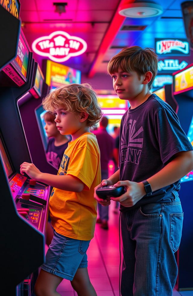 Two boys in the 1980s engaged in a fierce rivalry at a vibrant arcade, filled with classic arcade games and colorful neon lights