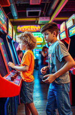 Two boys in the 1980s engaged in a fierce rivalry at a vibrant arcade, filled with classic arcade games and colorful neon lights