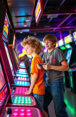 Two boys in the 1980s engaged in a fierce rivalry at a vibrant arcade, filled with classic arcade games and colorful neon lights