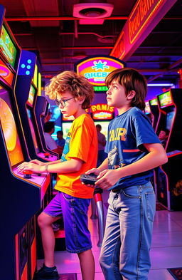 Two boys in the 1980s engaged in a fierce rivalry at a vibrant arcade, filled with classic arcade games and colorful neon lights