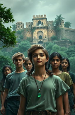 A captivating fantasy scene featuring seven teenagers standing in front of the Bahngarh Fort in India, with a sense of mystery and adventure in the air