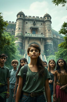 A captivating fantasy scene featuring seven teenagers standing in front of the Bahngarh Fort in India, with a sense of mystery and adventure in the air