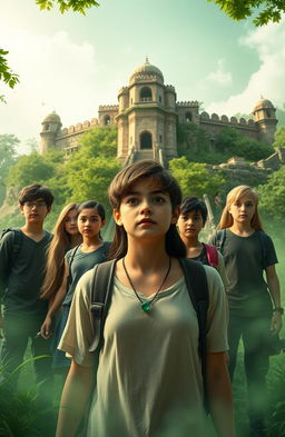 A captivating fantasy scene featuring seven teenagers standing in front of the Bahngarh Fort in India, with a sense of mystery and adventure in the air