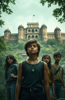 A captivating fantasy scene featuring seven teenagers standing in front of the Bahngarh Fort in India, with a sense of mystery and adventure in the air