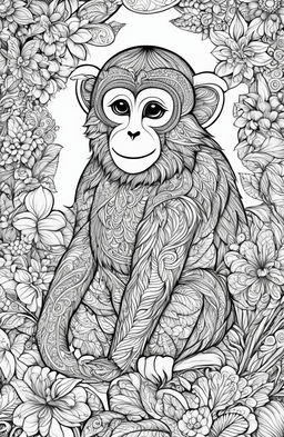 A high-resolution, intricate coloring page featuring a playful monkey in the style of Johanna Basford