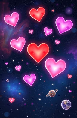 A whimsical scene depicting glowing hearts floating in outer space against a starry background