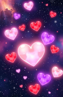A whimsical scene depicting glowing hearts floating in outer space against a starry background