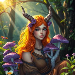 A vibrant scene featuring a female druid with orange hair, adorned with mystical violet tieflig mushrooms