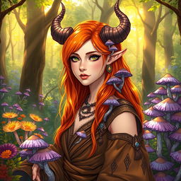 A vibrant scene featuring a female druid with orange hair, adorned with mystical violet tieflig mushrooms