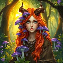 A vibrant scene featuring a female druid with orange hair, adorned with mystical violet tieflig mushrooms