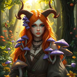 A vibrant scene featuring a female druid with orange hair, adorned with mystical violet tieflig mushrooms