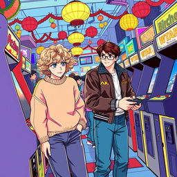 Two university students in the 1980s are engaged in a heated rivalry at a bustling arcade, surrounded by a plethora of classic arcade cabinets and lively patrons