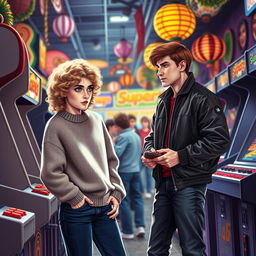 Two university students in the 1980s are engaged in a heated rivalry at a bustling arcade, surrounded by a plethora of classic arcade cabinets and lively patrons
