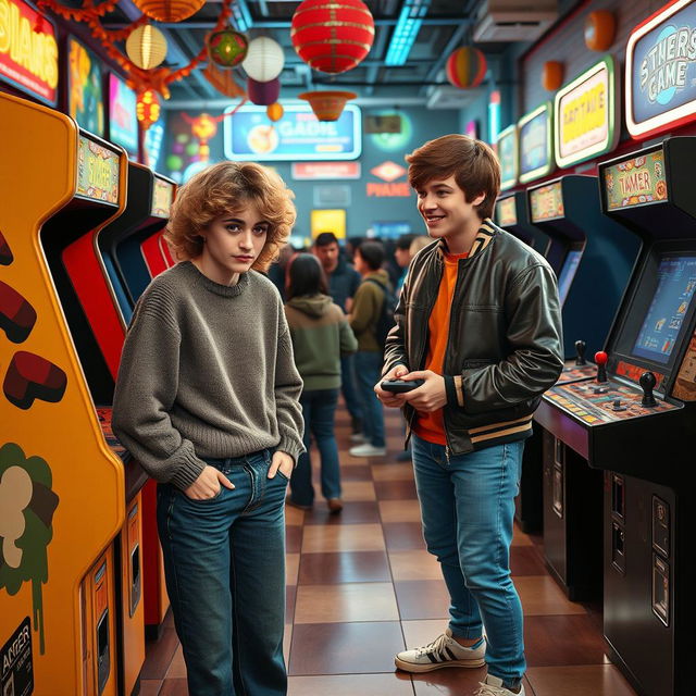 Two university students in the 1980s are engaged in a heated rivalry at a bustling arcade, surrounded by a plethora of classic arcade cabinets and lively patrons