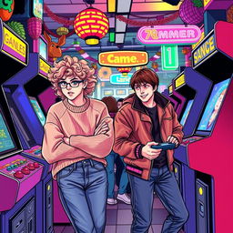 Two university students in the 1980s are engaged in a heated rivalry at a bustling arcade, surrounded by a plethora of classic arcade cabinets and lively patrons