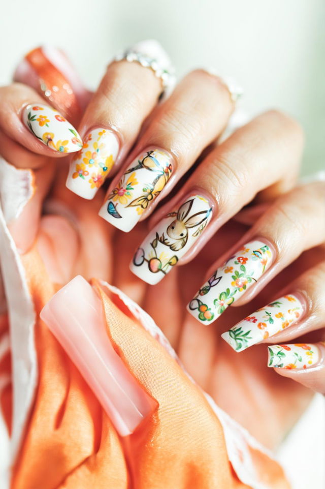 This is a high-quality, professional photograph of a set of nails adorned with intricate Easter-themed designs