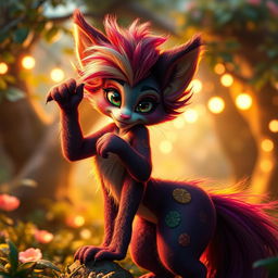 A sensual and vibrant furry character, featuring intricate and colorful fur patterns, with playful and alluring expressions