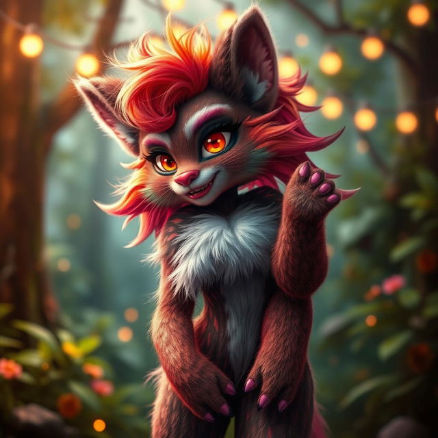 A sensual and vibrant furry character, featuring intricate and colorful fur patterns, with playful and alluring expressions