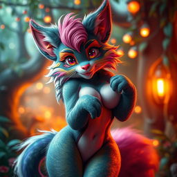 A sensual and vibrant furry character, featuring intricate and colorful fur patterns, with playful and alluring expressions
