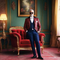 A vibrant digital art image showcasing a wealthy individual in a luxurious environment