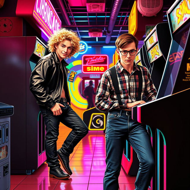 Two university students in the 1980s are locked in a playful rivalry at a bustling arcade, surrounded by vibrant arcade machines and a lively atmosphere