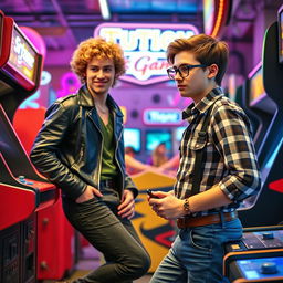 Two university students in the 1980s are locked in a playful rivalry at a bustling arcade, surrounded by vibrant arcade machines and a lively atmosphere