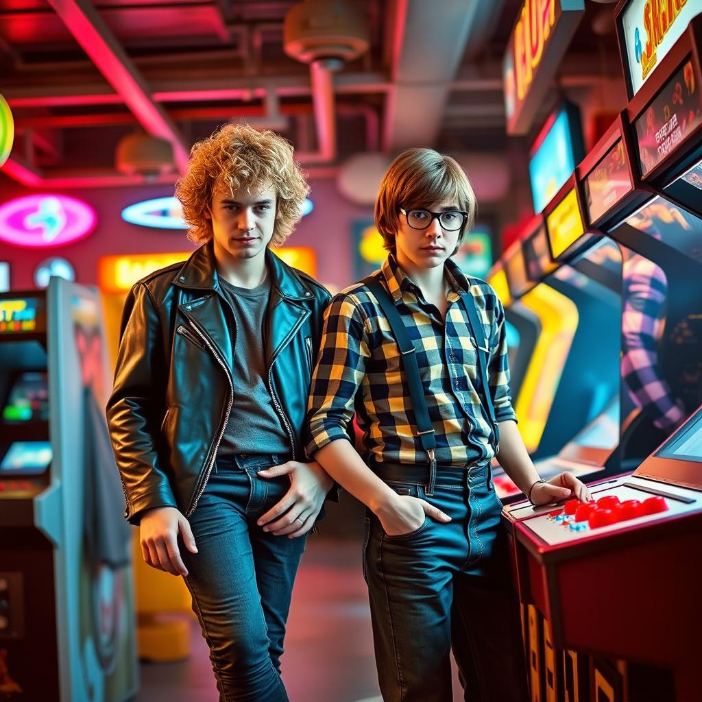 Two university students in the 1980s are locked in a playful rivalry at a bustling arcade, surrounded by vibrant arcade machines and a lively atmosphere