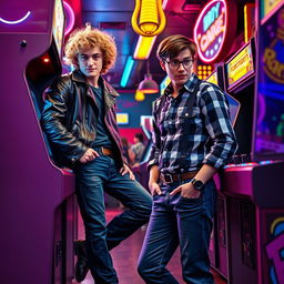 Two university students in the 1980s are locked in a playful rivalry at a bustling arcade, surrounded by vibrant arcade machines and a lively atmosphere