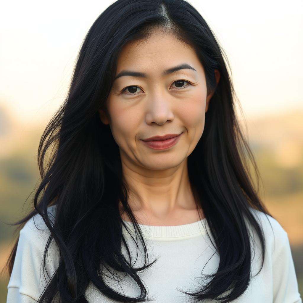 A full-body portrait of a 45-year-old woman with pale skin and long black hair, featuring an ordinary and natural face without any makeup