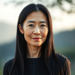 A full-body portrait of a 45-year-old woman with pale skin and long black hair, featuring an ordinary and natural face without any makeup