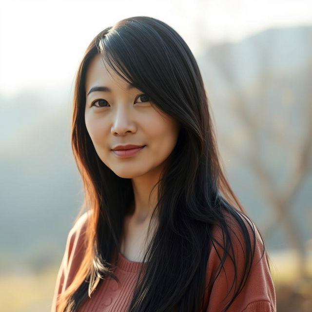 A full-body portrait of a 45-year-old woman with pale skin and long black hair, featuring an ordinary and natural face without any makeup