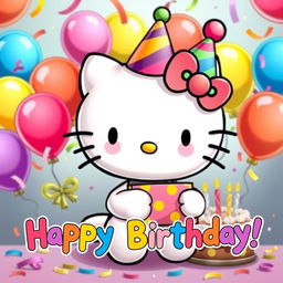 A cute illustration of Hello Kitty celebrating a birthday, wearing a colorful party hat and holding a brightly wrapped gift