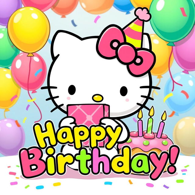 A cute illustration of Hello Kitty celebrating a birthday, wearing a colorful party hat and holding a brightly wrapped gift