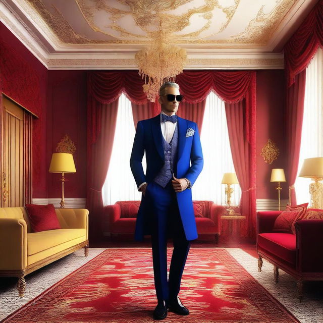 A vibrant digital art image showcasing a wealthy individual in a luxurious environment