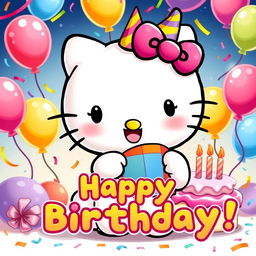 A cute illustration of Hello Kitty celebrating a birthday, wearing a colorful party hat and holding a brightly wrapped gift