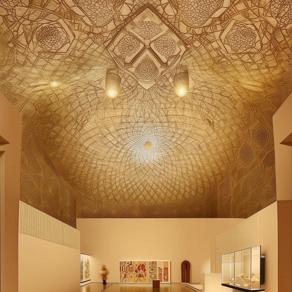 Exhibition area in an art museum, adorned with high-quality display objects and artifacts. The space features a breathtaking Khatamband-style ceiling design, adding a unique cultural touch.