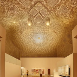 Exhibition area in an art museum, adorned with high-quality display objects and artifacts. The space features a breathtaking Khatamband-style ceiling design, adding a unique cultural touch.