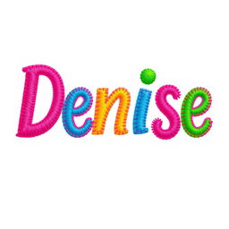 A vibrant and colorful representation of the name 'Denise', artistically designed with a stitching effect